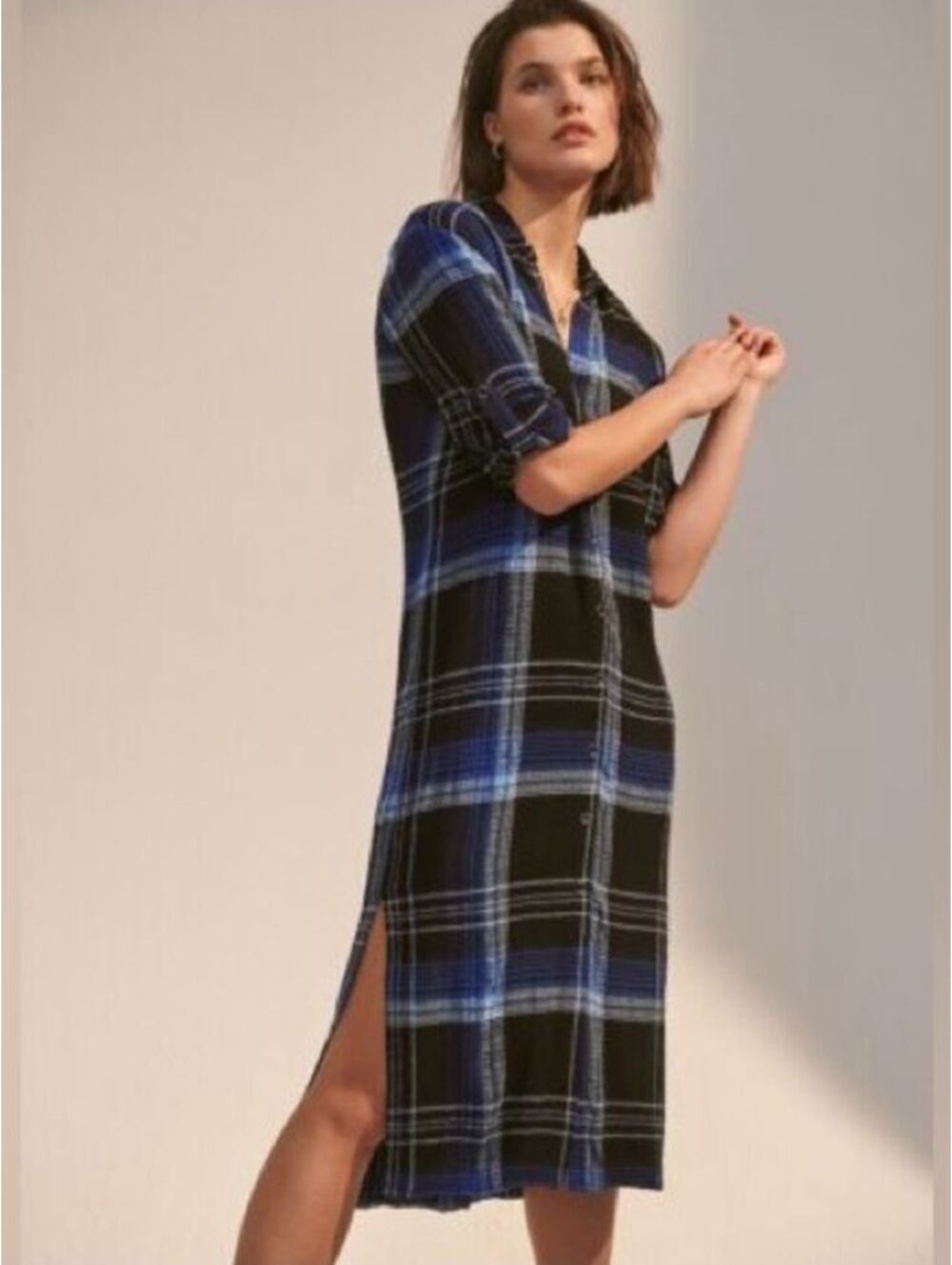 Cloth & Stone Anthropologie Blue Black Plaid Shirt Dress Large Side slit
